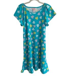 Cooke Street Hawaii Teal Multicolor Turtle Print Flutter Sleeve Dress L / 10/12